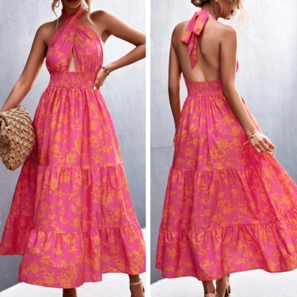 Cross Halter Maxi Dress Pink Orange Floral Summer Open Back Size S M L - Picture 4 of 7